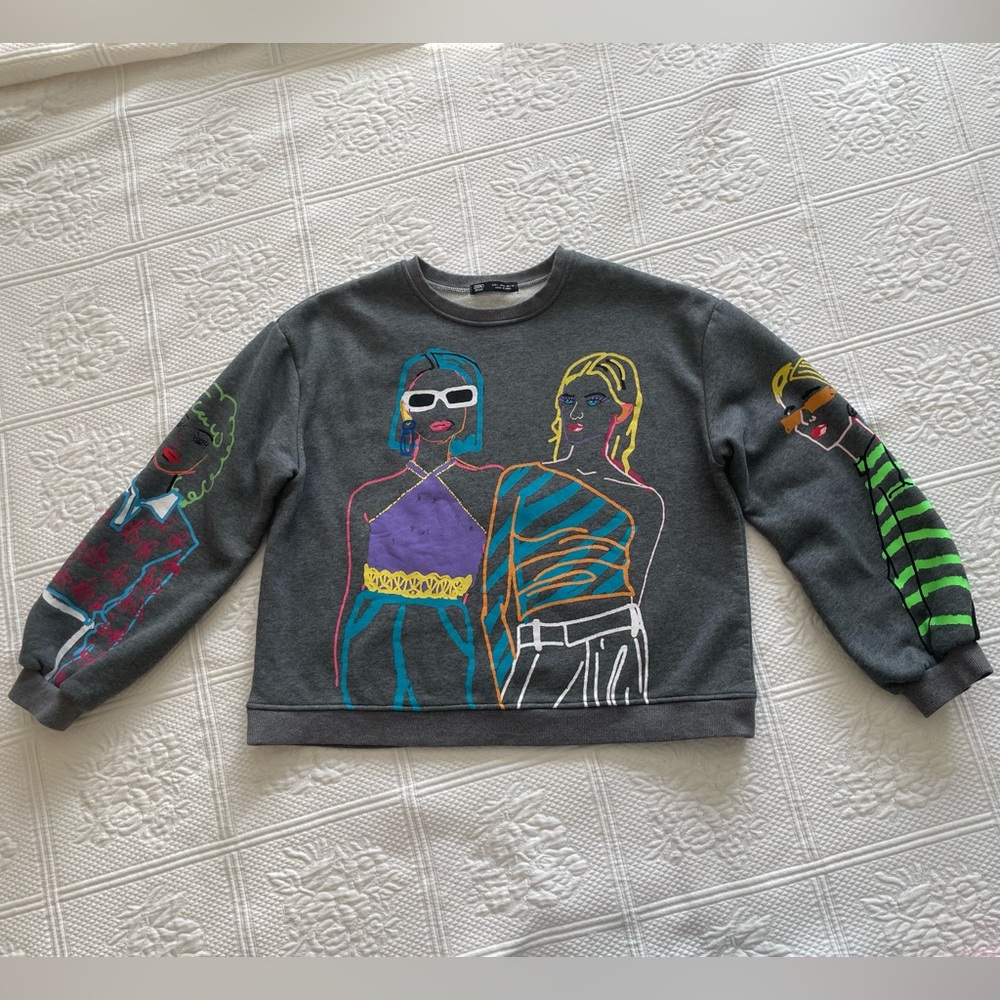 Zara Zero in On Graphic Girls Crewneck Sweatshirt Neon/Gray 80sVibe - Picture 6 of 14